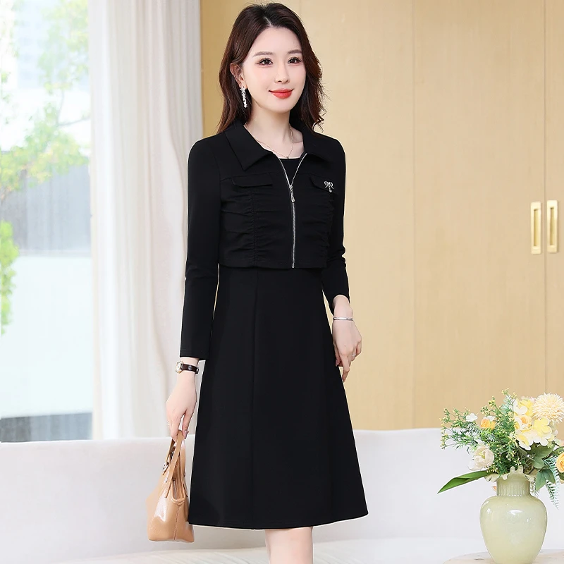 假两件连衣裙洋气2025新款黑色长袖气质裙子减龄收腰显瘦a字裙子