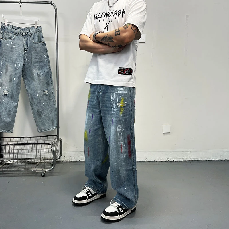 2025夏季新款男士牛仔裤宽松直筒休闲裤潮牌百搭涂鸦长裤春夏款