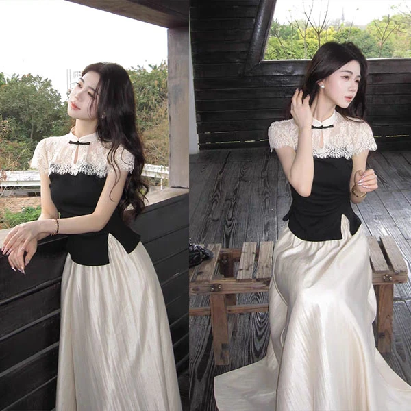 2025夏季枯木逢春新款新中式蕾丝气质显瘦上衣休闲高腰A字裙套装