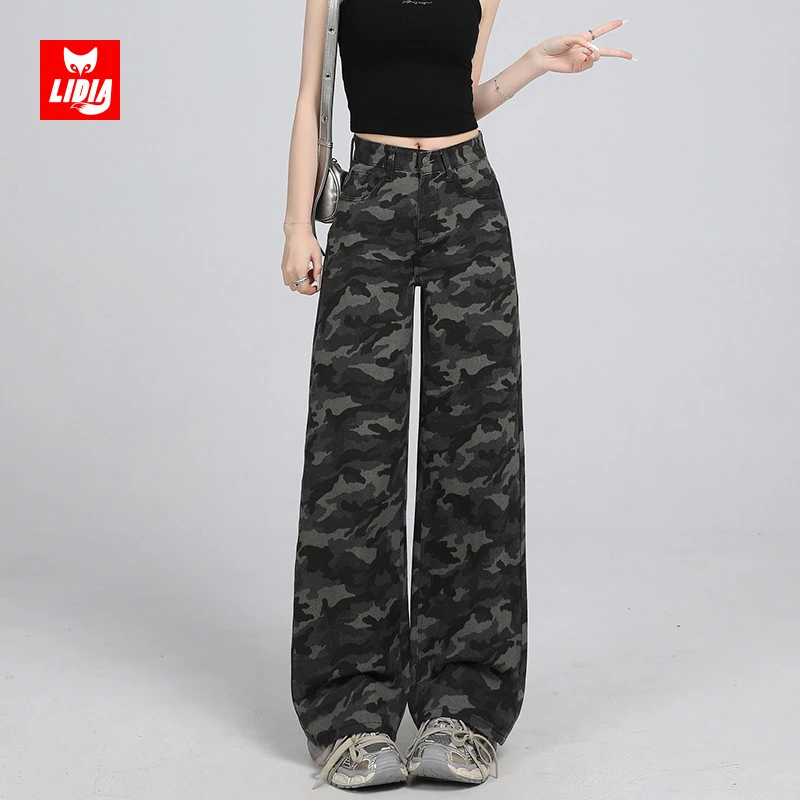 美式高街迷彩阔腿牛仔裤女2025秋季新款复古高腰宽松显瘦直筒裤子
