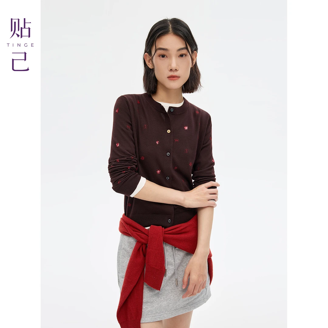 TINGE/贴己精纺100%纯羊毛刺通勤针织开衫女秋冬内搭保暖修身上衣