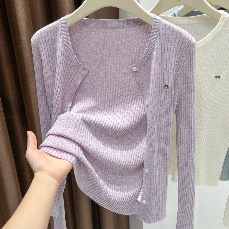 紫色圆领薄款针织长袖外套2025女款新款小香风百搭短款宽松开衫