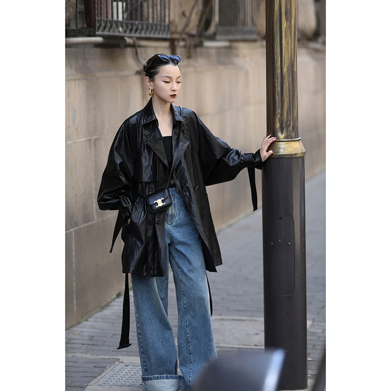 高级感气质PU皮风衣女耐磨耐穿系带中长款宽松廓形自带气场外套