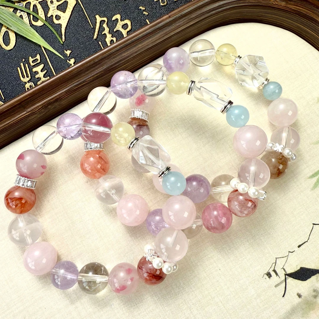 2039天然红胶花/紫水晶/黄水晶/蔷薇石/海蓝宝手串(多样性发一条)