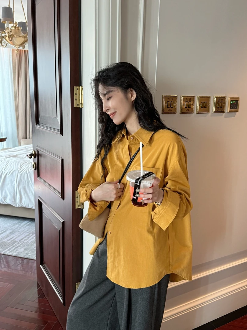 新款纯棉韩系磨毛复古设计感女衬衫时尚百搭韩款女外套叠穿上衣女