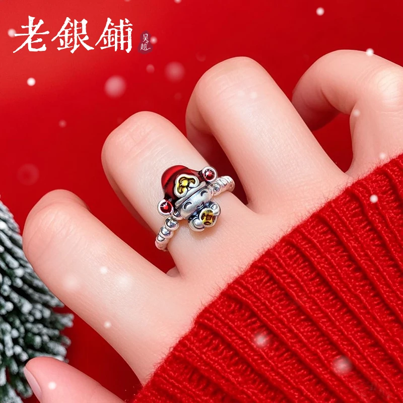 吴越老银铺 足银珐琅戒指 财神戒指可爱时尚银戒指新年精致戒指