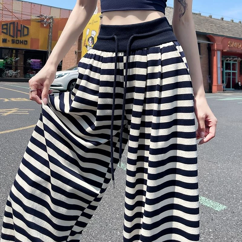 撞色条纹抽绳休闲裤女夏薄款今年流行慵懒松弛垂感直筒阔腿裤