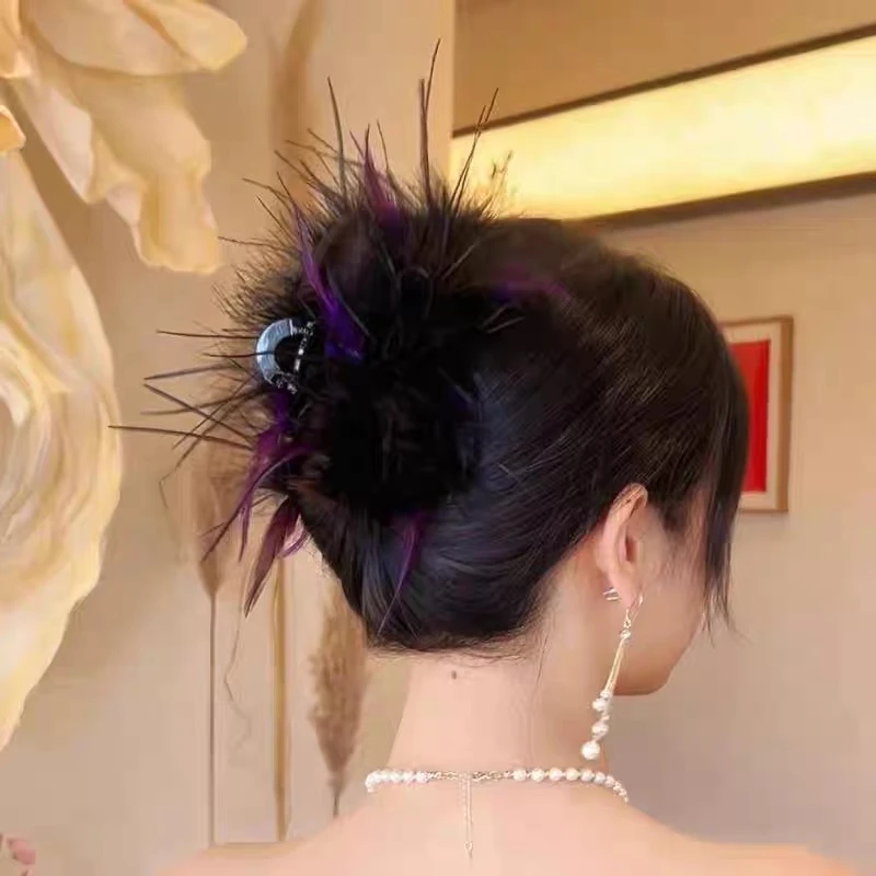 秋冬新款纯欲风羽毛发饰显发量后脑勺发夹