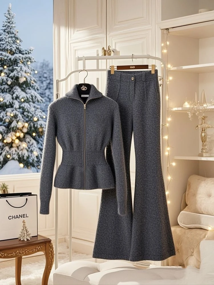 韩版高级感减龄气质小香风深灰色毛衣开衫阔腿微喇裤子套装女冬季