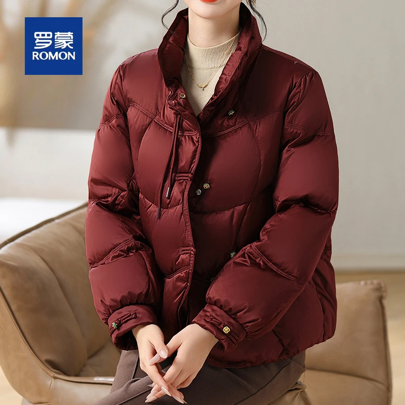 罗蒙品牌妈妈装冬装短款白鸭绒羽绒服中老年女装冬季保暖轻薄外套