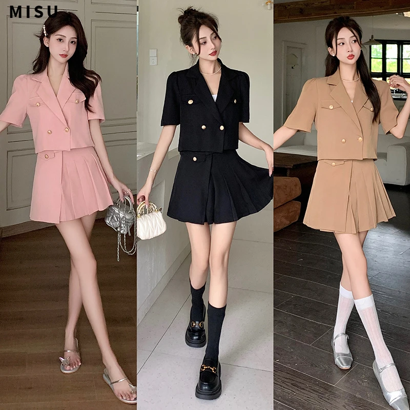 MISU小香风显瘦两件套女气质女神范短款西装上衣高级感短裙