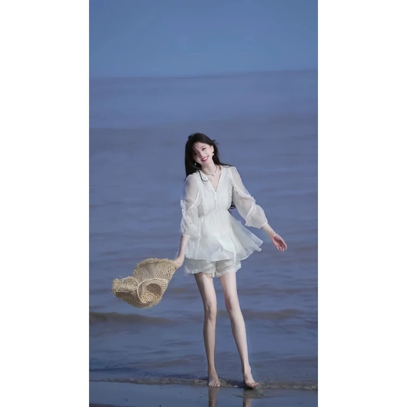 韩系减龄穿搭一整套女2025夏新款设计感网纱拼接上衣阔腿裤两件套