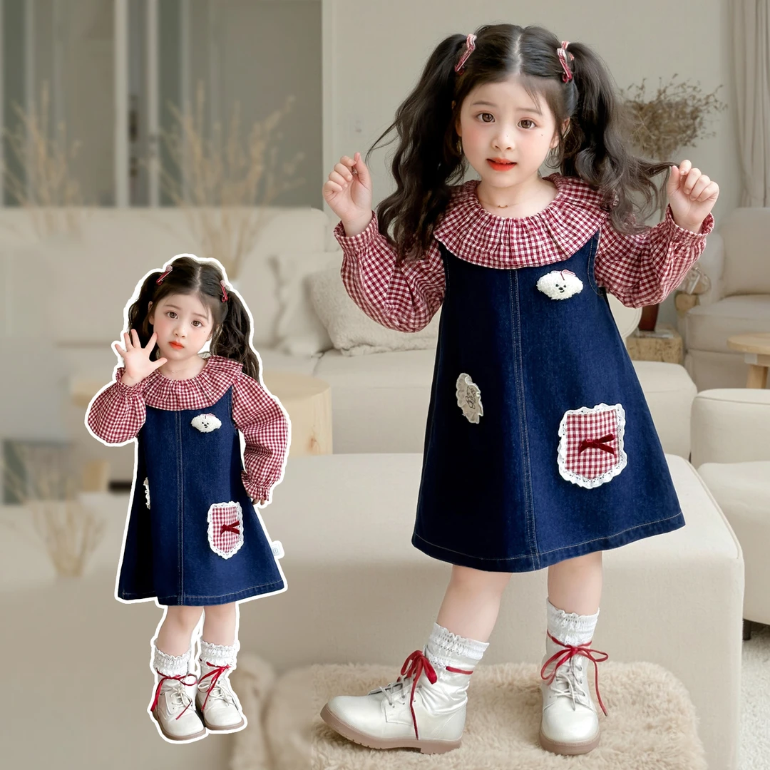 女宝宝牛仔裙套装小女孩春秋新款洋气小女孩格子娃娃衫甜美两件套