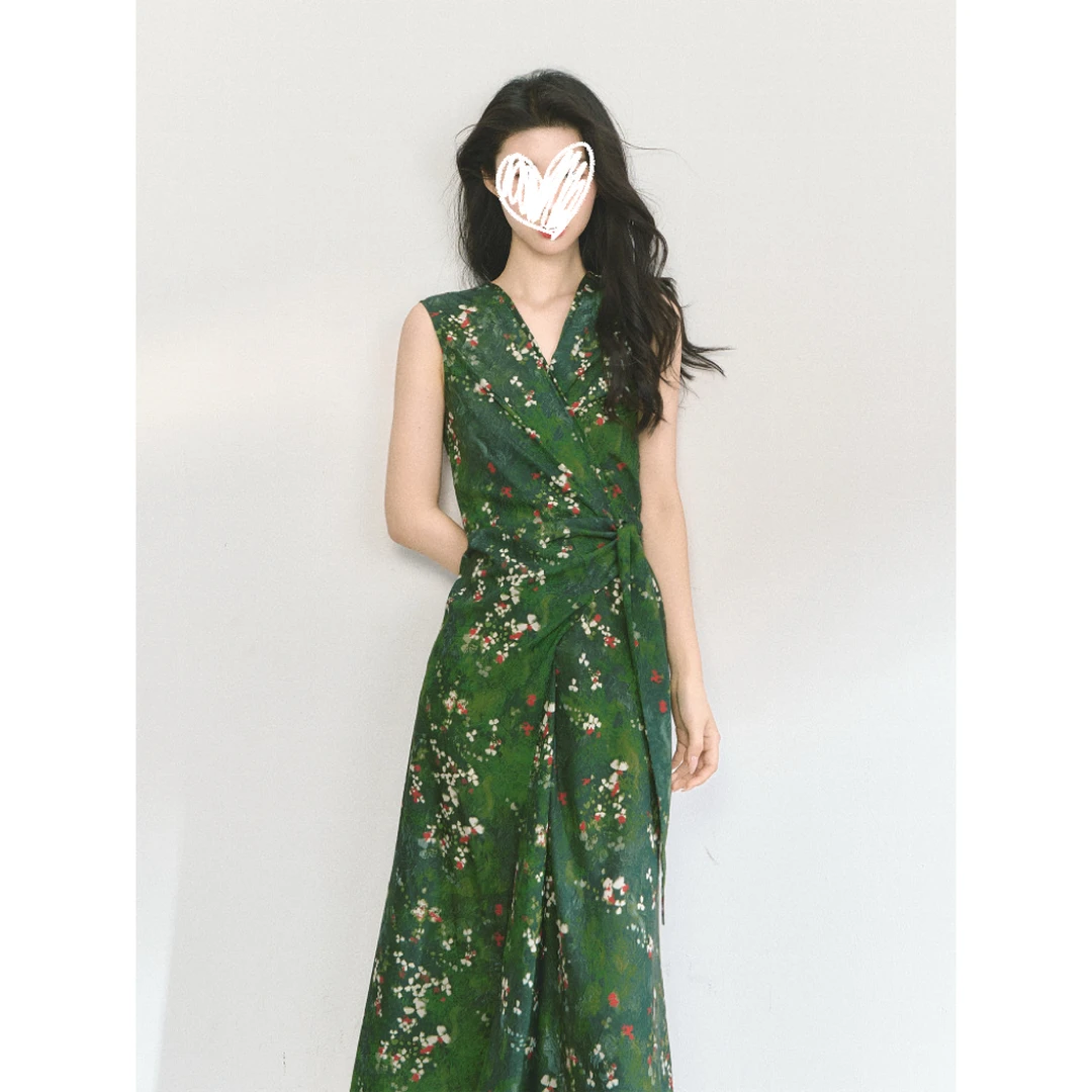 浪漫逃亡"莫奈3.0"围裹式绑带无袖连衣裙松弛感绿色显白印花