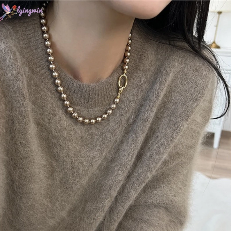 铜合金仿珍珠项链 美拉德摩卡金棕咖色法式高级感轻奢毛衣链颈链