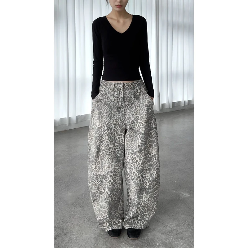 夏季廓形弯刀豹纹裤男女宽松显瘦水洗百搭阔腿裤