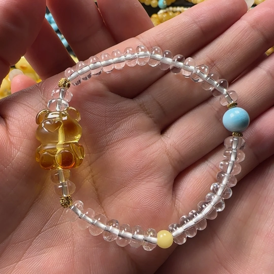 未镶嵌颈饰蜜蜡金珀小熊白水晶手串