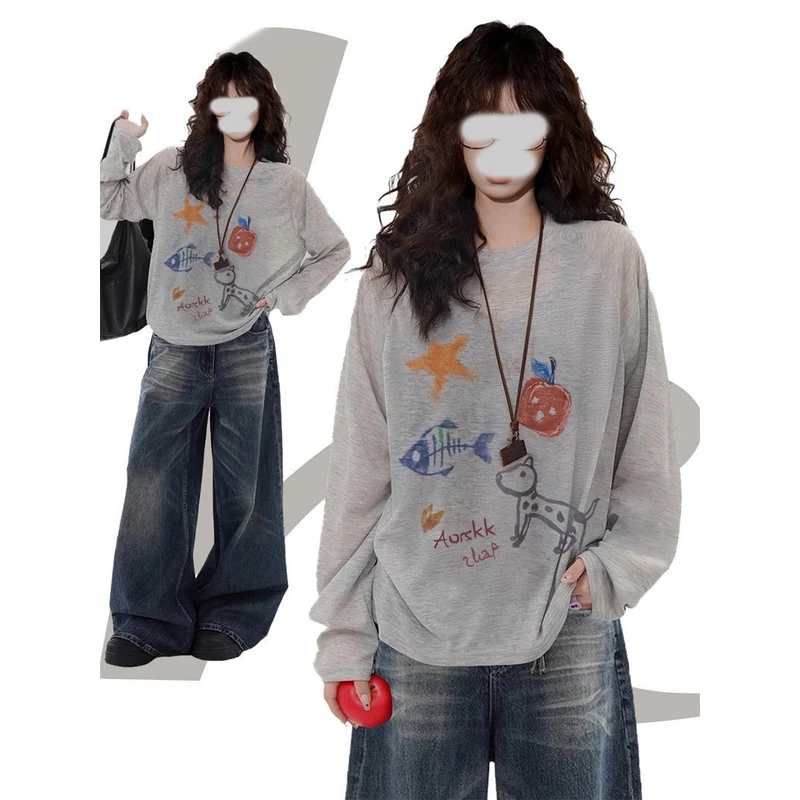 【ZHAP】雪花棉空调防晒罩衫长袖t恤上衣女浅灰色爆款气质欧美风宽