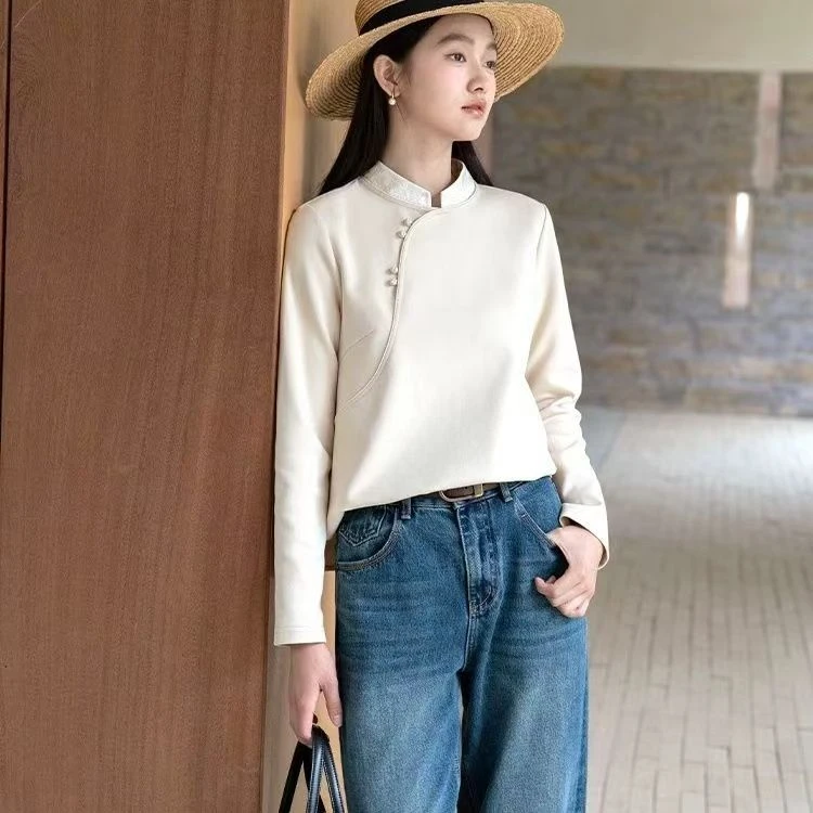 文艺复古长袖立领上衣时尚高密软糯蓬松精梳棉新中式盘扣纯色衬衣