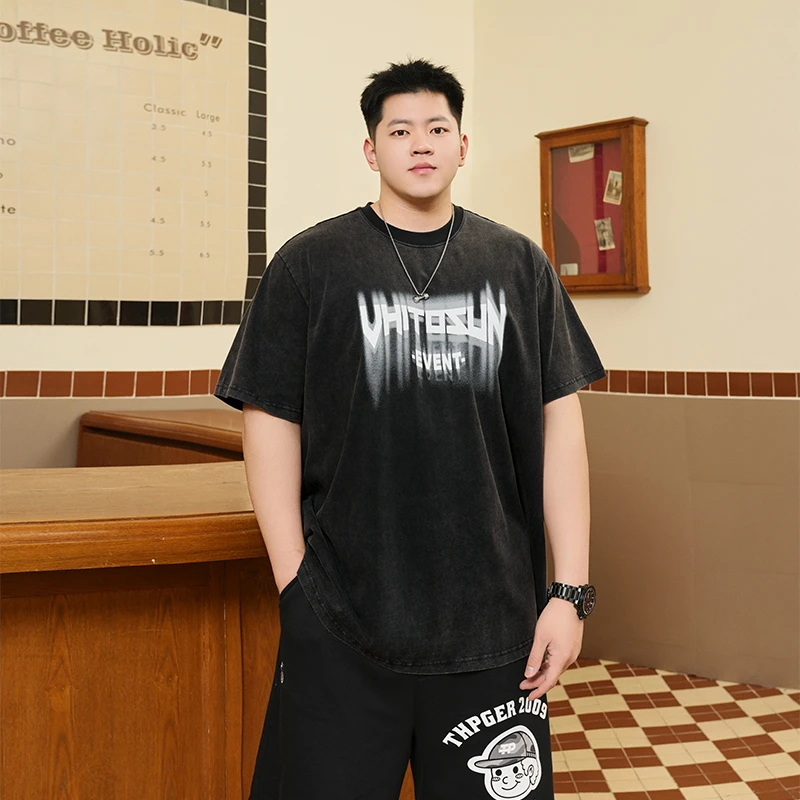 THE PANG大码男装夏季宽松圆领短袖t恤纯棉胖子上衣水洗做旧