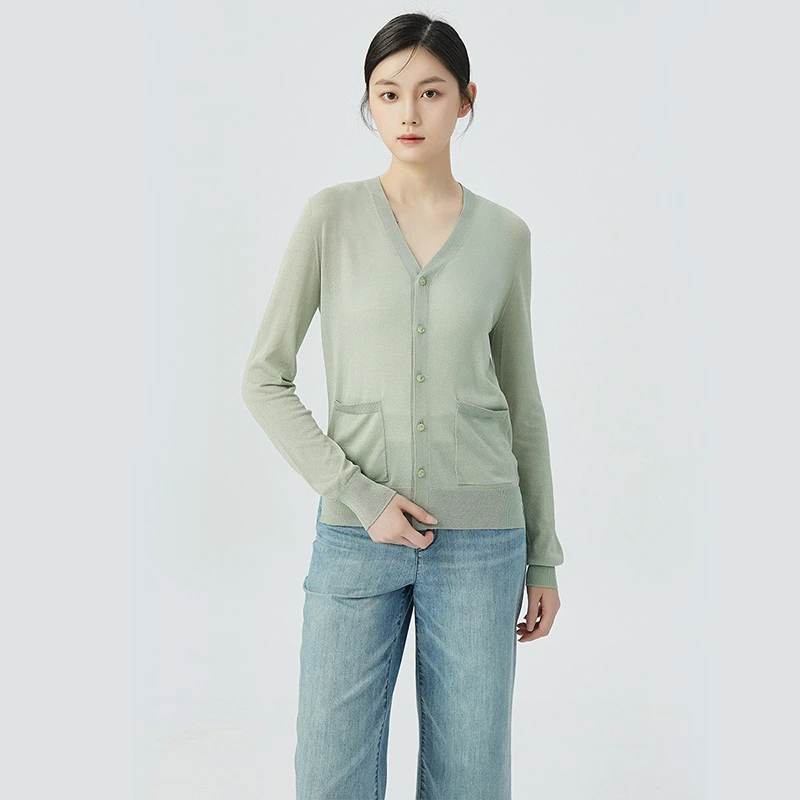 阿玛施AMASS新款女装质感V领冰丝针织开衫双口袋外罩衫5499210