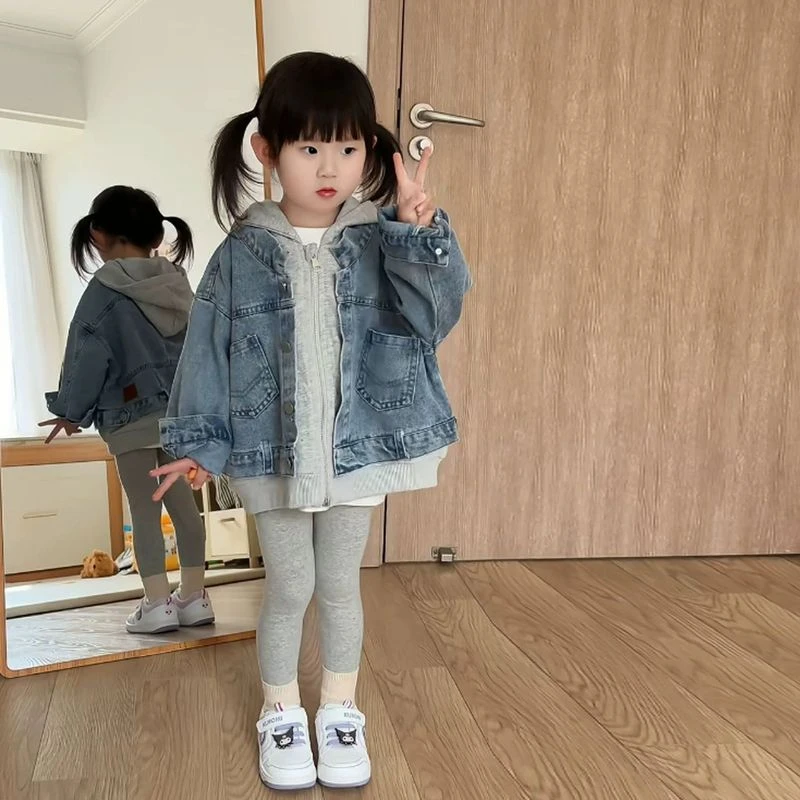 女童外套2025新款秋儿童百搭牛仔假两件上衣女孩时髦休闲宽松衣服