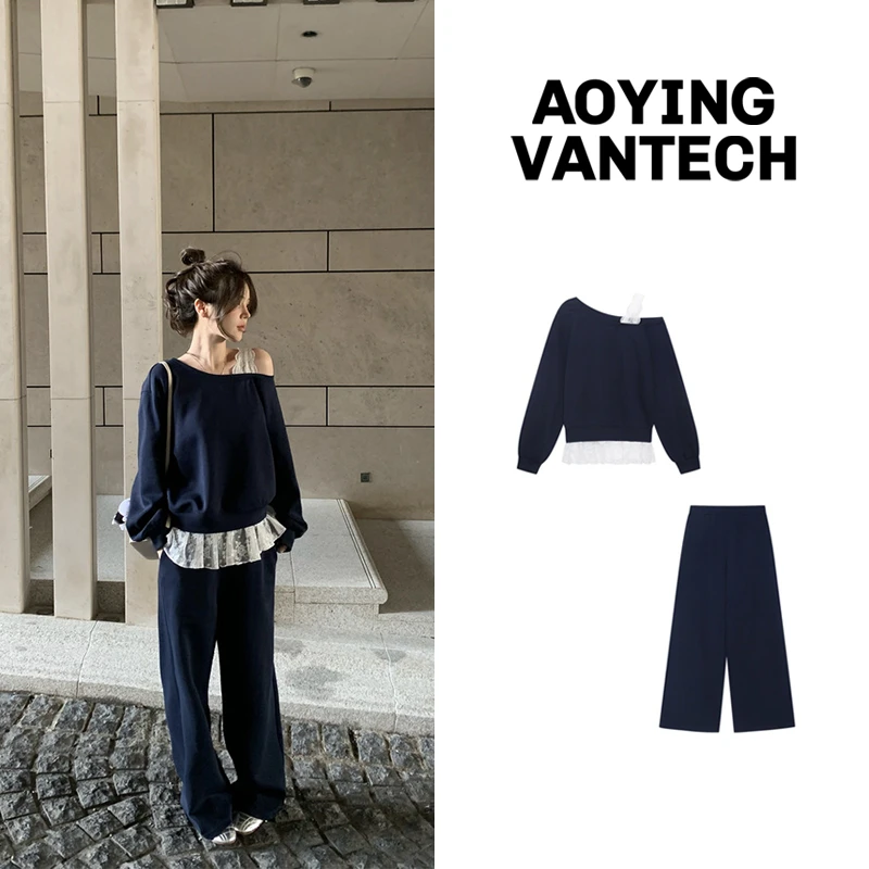 AOYING VANTECH【花漾来电】蕾丝拼接斜肩假两件卫衣+休闲裤两件套