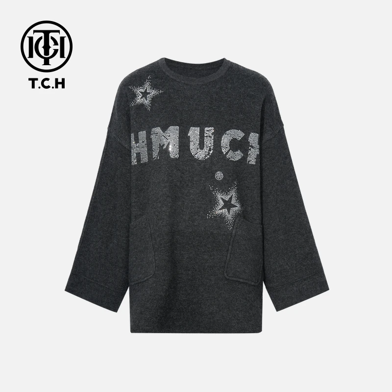 TCH私服秋款慵懒风烫钻时尚休闲灰色针织衫女T75C09E5149X轻奢tch