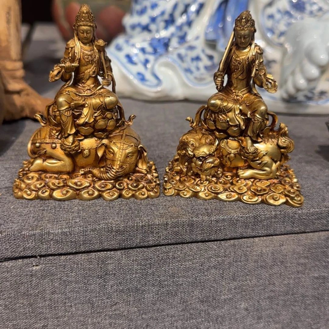 铜文殊普贤造像摆件