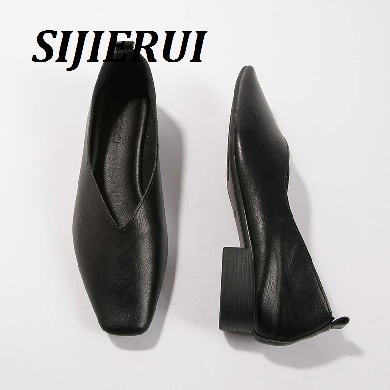 SIJIERUI软皮软底一脚蹬小皮鞋女复古真皮方头奶奶鞋浅口粗跟单鞋