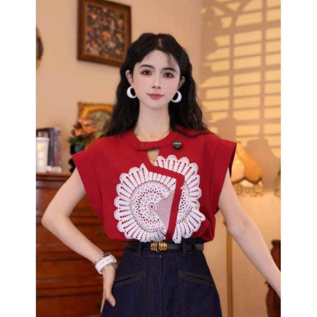 牧子【红绮梦】港味复古时尚气质短袖上衣02189