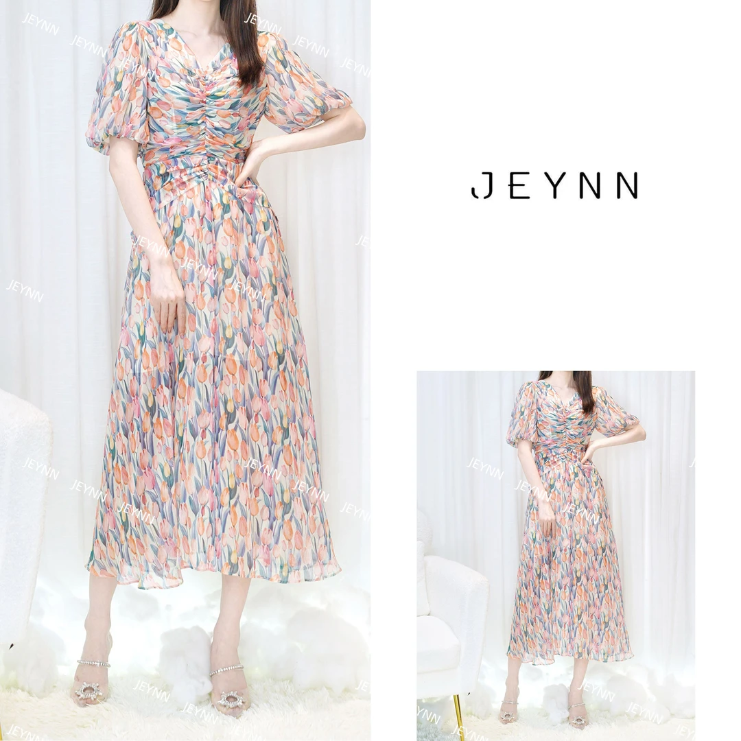 【新丹寒】JEYNN夏季收腰气质粉色碎花时尚优雅连衣裙JY22272