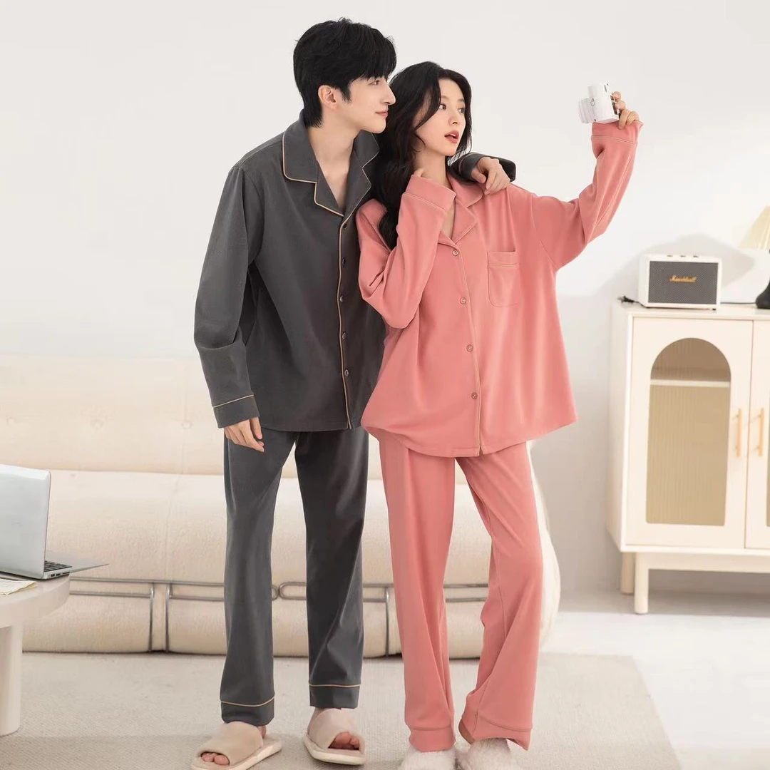 秋冬新款情侣款双面德绒纯色简约休闲百搭居家可外睡衣套装