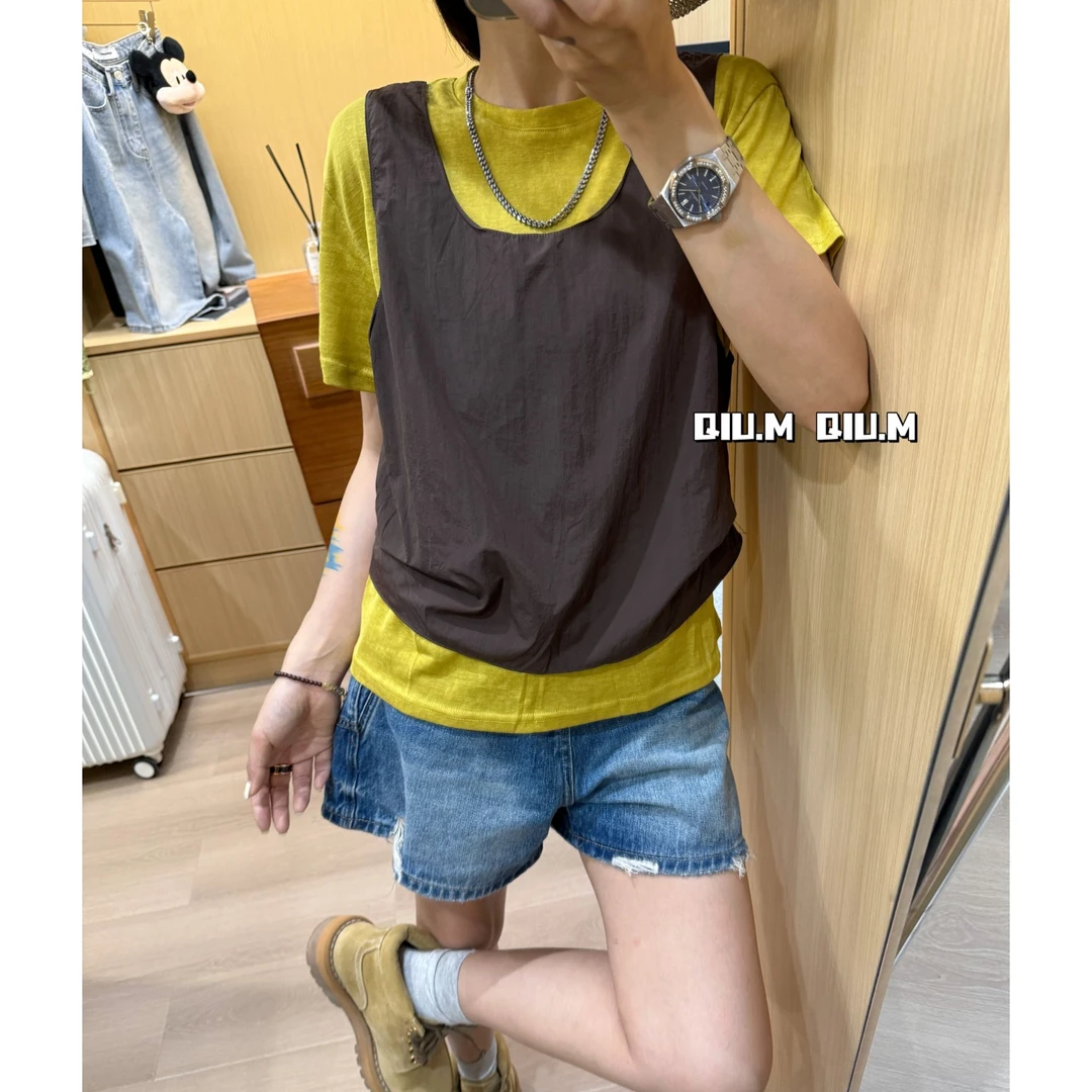 【QM】.黄咖假两件.层次感穿搭小众个性洋气时尚休闲高级感复古短袖
