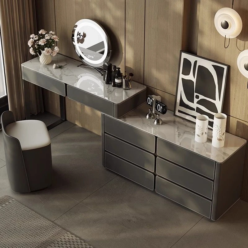 2025新款梳妆台斗柜一体高级感简约伸缩卧室收纳柜岩板转角化妆桌