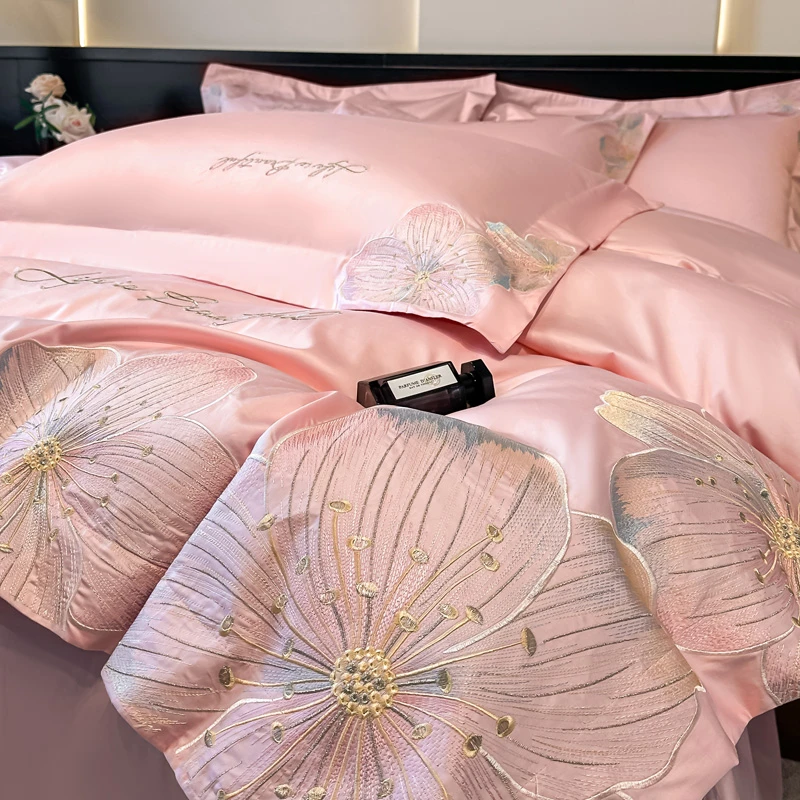 水星轻奢绣花高档简约纯棉四件套全棉被套刺绣被罩床单款床上用品