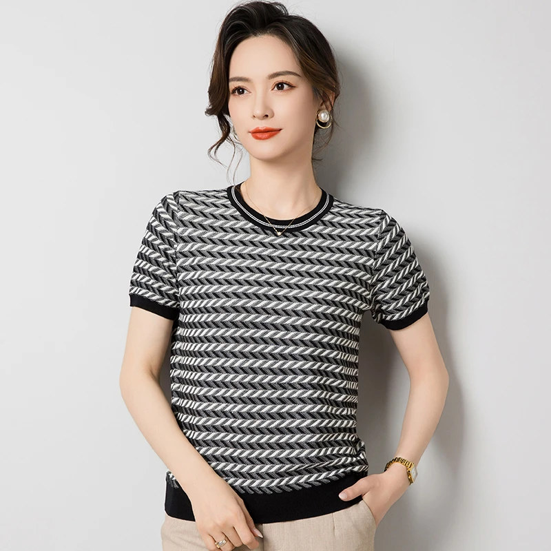 【厂家直销】圆领文艺条纹桑蚕丝针织衫T恤女几何提花休闲真丝小衫