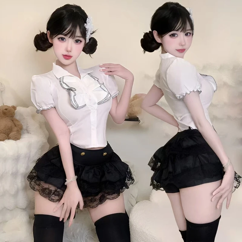 大码日系辣妹性感制服荷叶边泡泡袖显瘦纯欲jk甜美风睡衣短裤套装