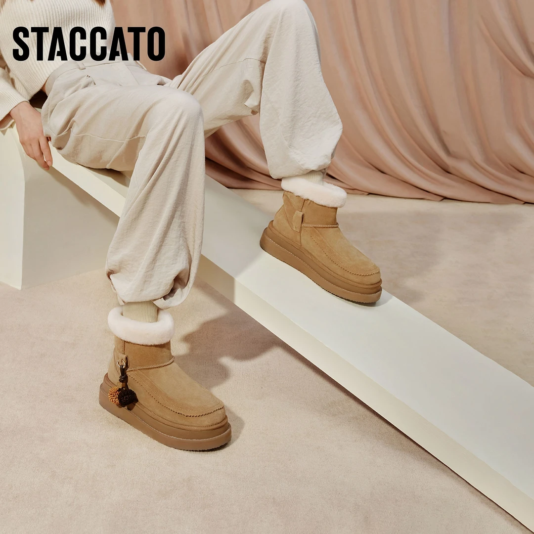 思加图2025冬季新款雪松松保暖加绒雪地靴厚底复古女靴子EIY06DD5