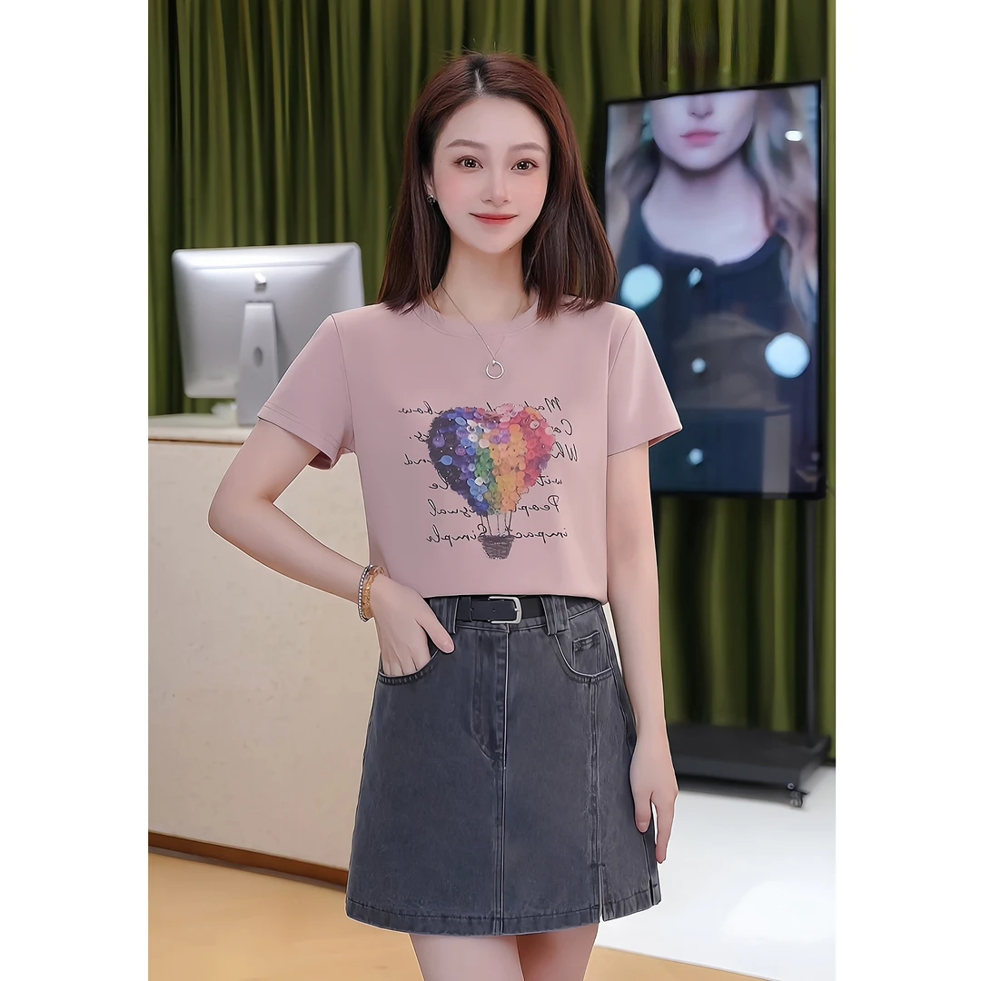 艾格2025年新款爱心热气球气质短袖T恤时尚休闲百搭春夏季修身