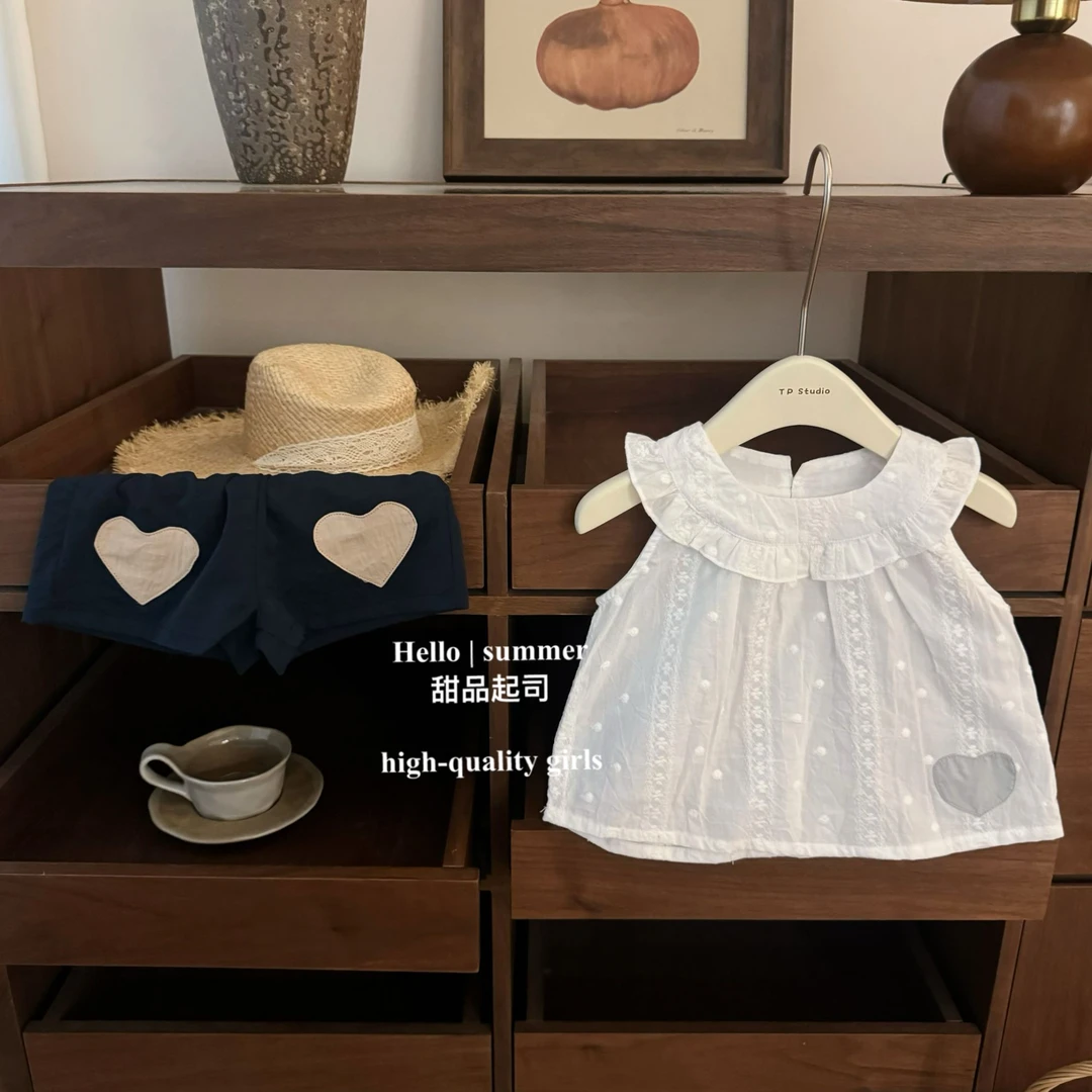 【甜品起司】甜心哈尼！女宝宝甜美娃娃领爱心贴布绣短裤洋气套装