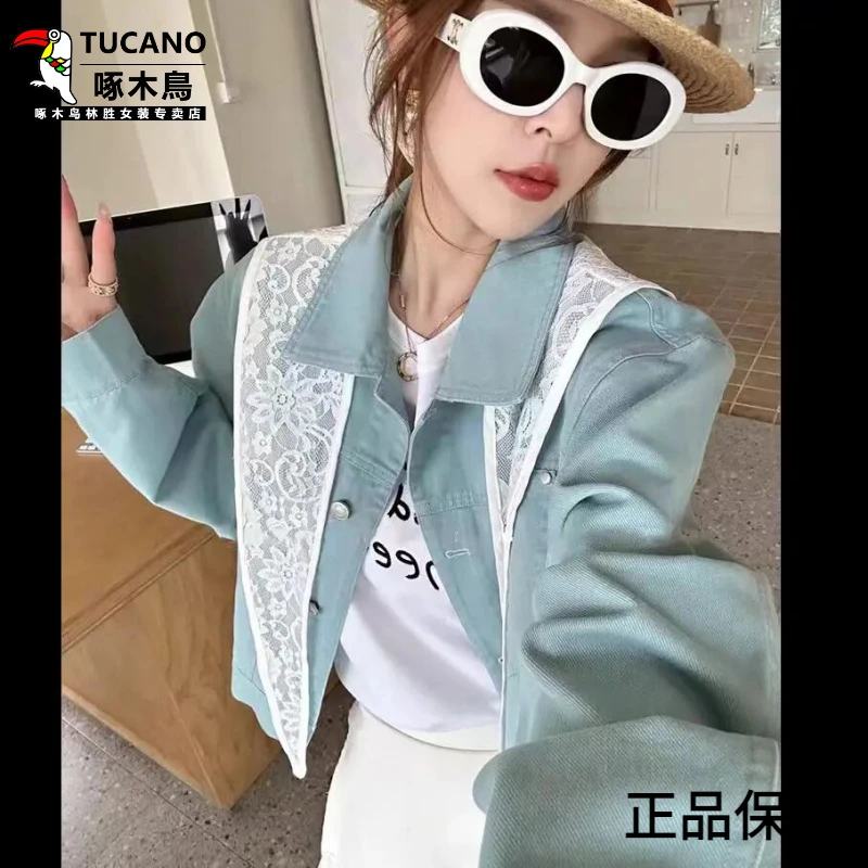 啄木鸟蕾丝披肩牛仔外套女2025春新款韩版减龄休闲夹克衬衫上衣