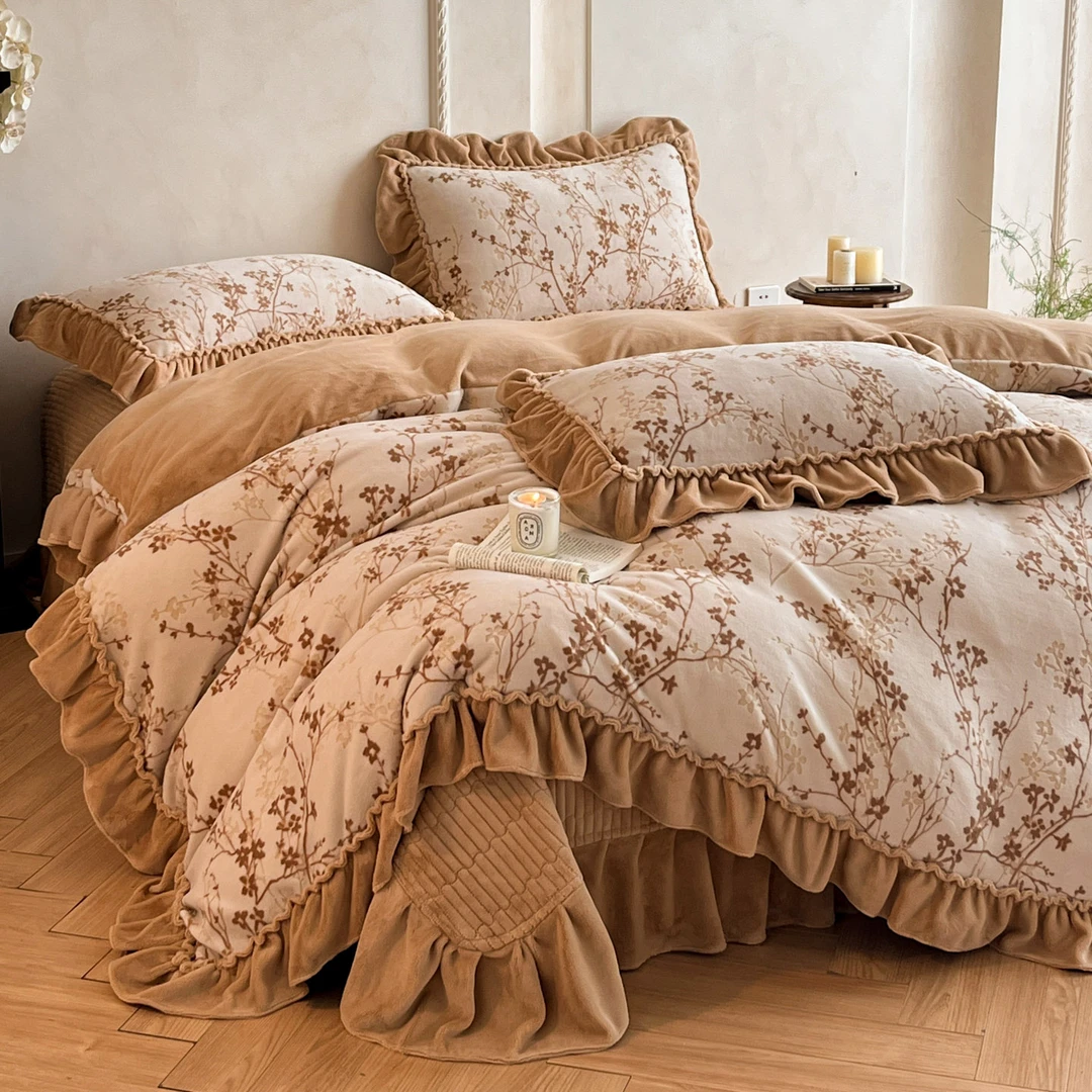 法式轻奢冬季加厚花边牛奶绒床盖四件套加绒被套双面绒被罩抗静电