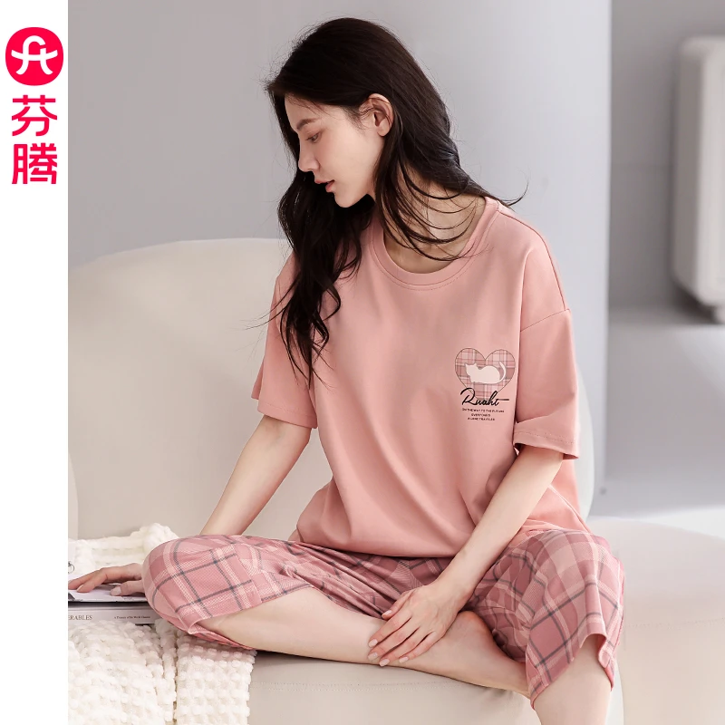 芬腾睡衣女纯棉短袖夏季薄款透气套装宽松休闲大码外穿女款家居服