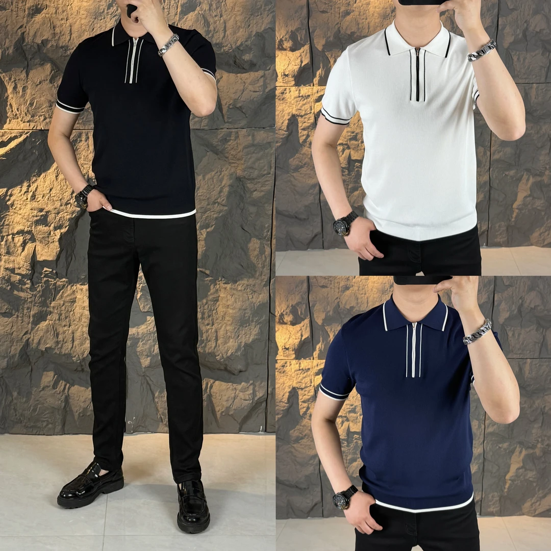 男士夏季新款翻领休闲修身时尚百搭领口拉链伊力特短袖polo衫男款