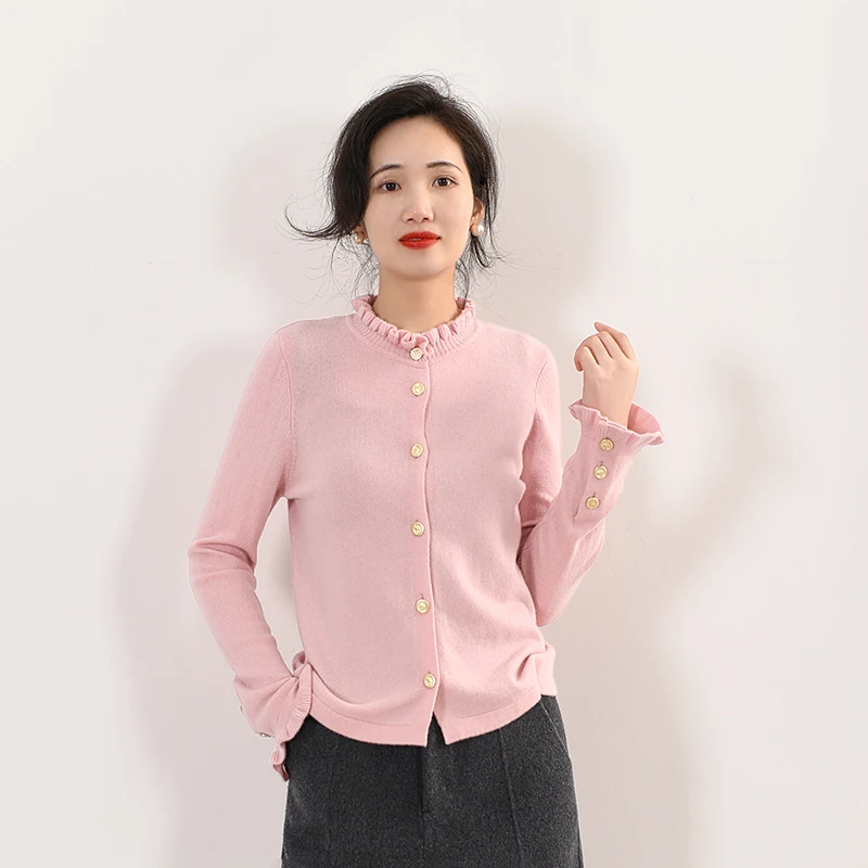 EKNR100%高支纯羊毛衫女春季气质木耳花边针织开衫简约设计感毛衣