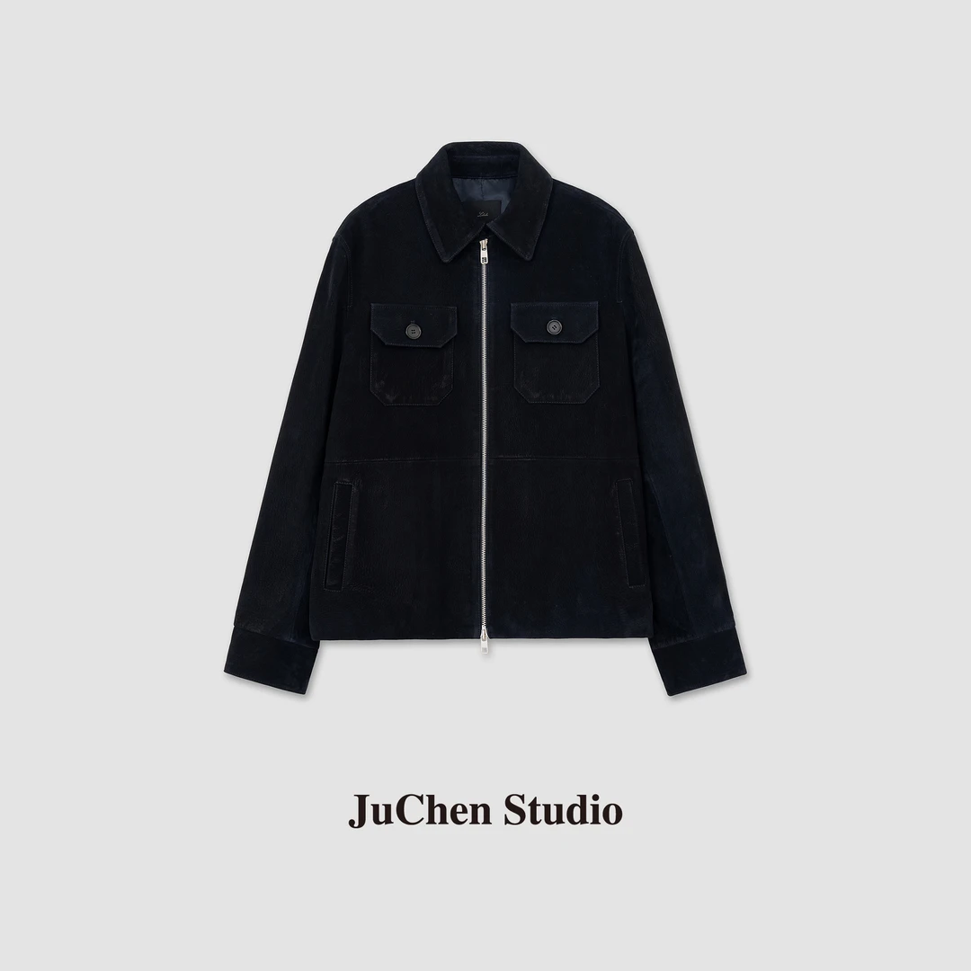 黑标线“雅痞共赏”普鲁士蓝调柔软羊皮翻领皮衣外套 FW115004-179