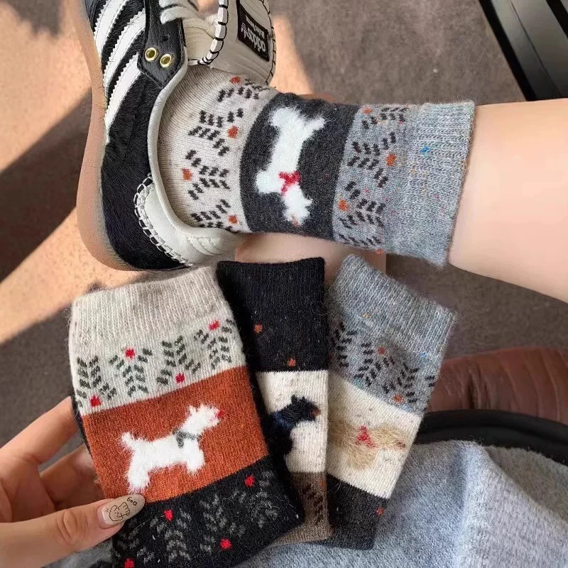 【主播专属】5双复古费尔岛小狗日系袜秋冬保暖中筒袜可爱袜子