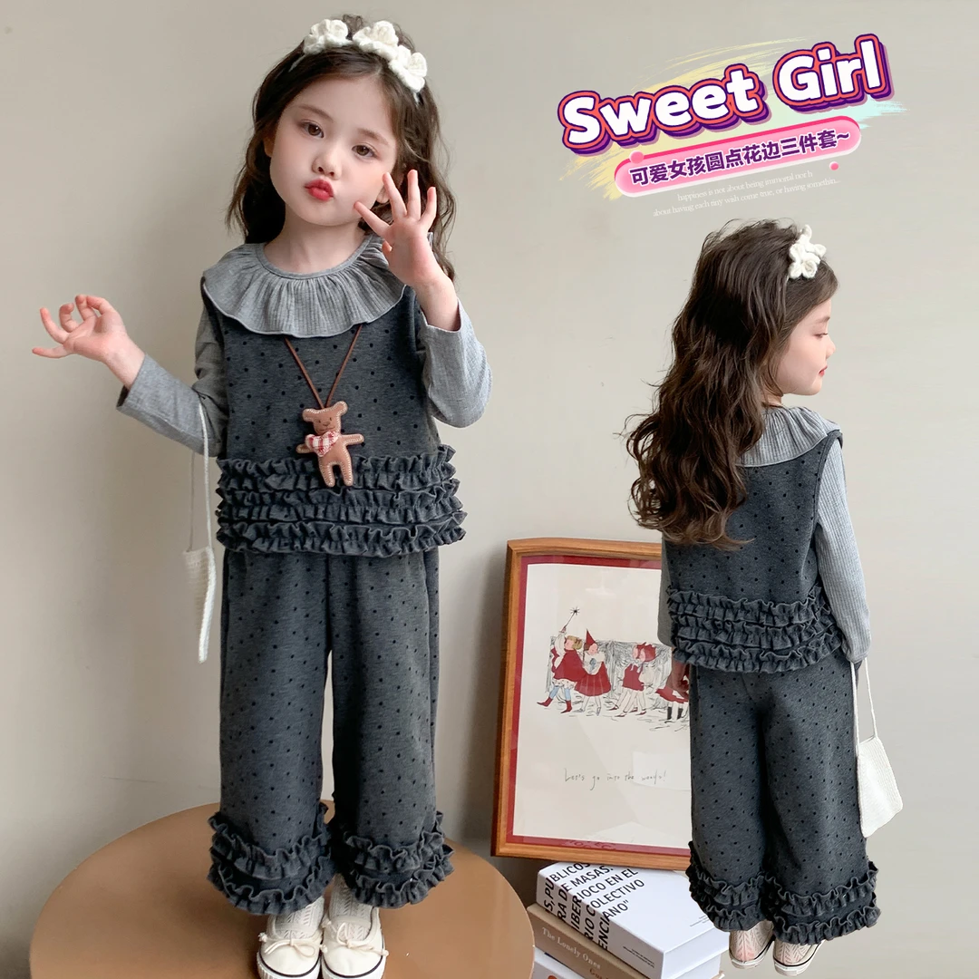 女童花边呢子套装洋气儿童春秋季新款女宝宝甜美三件套小女孩时髦