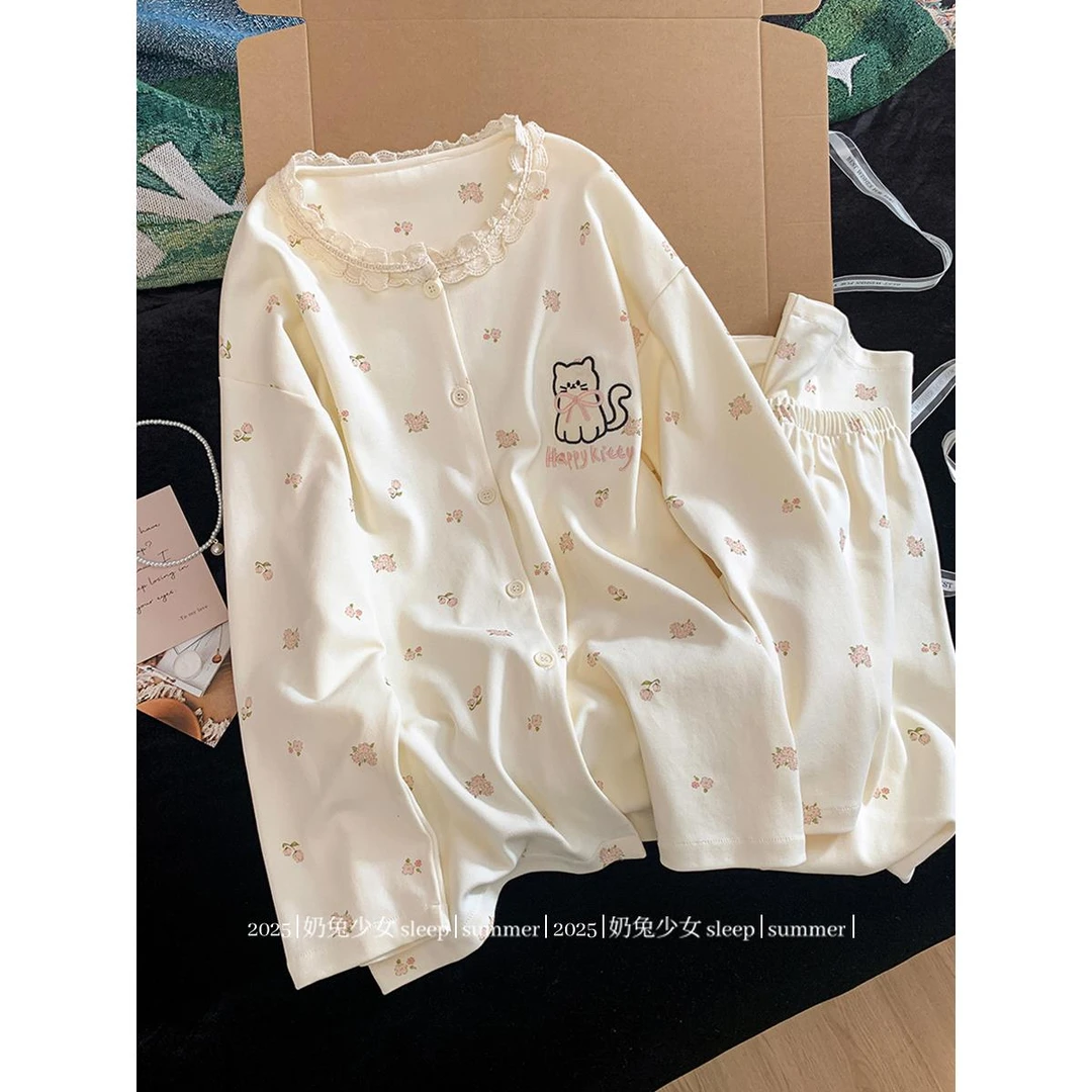 奶fufu杏色小碎花猫咪睡衣女春秋季圆领蕾丝边韩系休闲长袖家居服